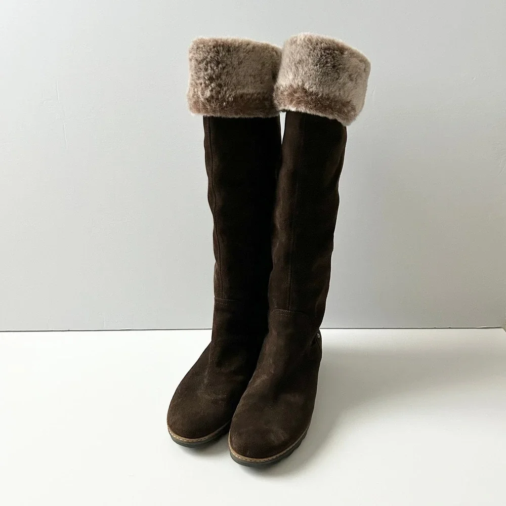 Aquatalia Tall Boots Suede Brown Faux Fur Trim Weatherproof Lug Sole 40 EU 10 US